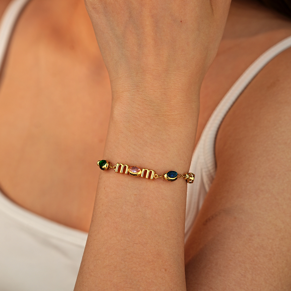 Personalized Mom Birthstone Bracelet, Custom Name Family Bracelet
