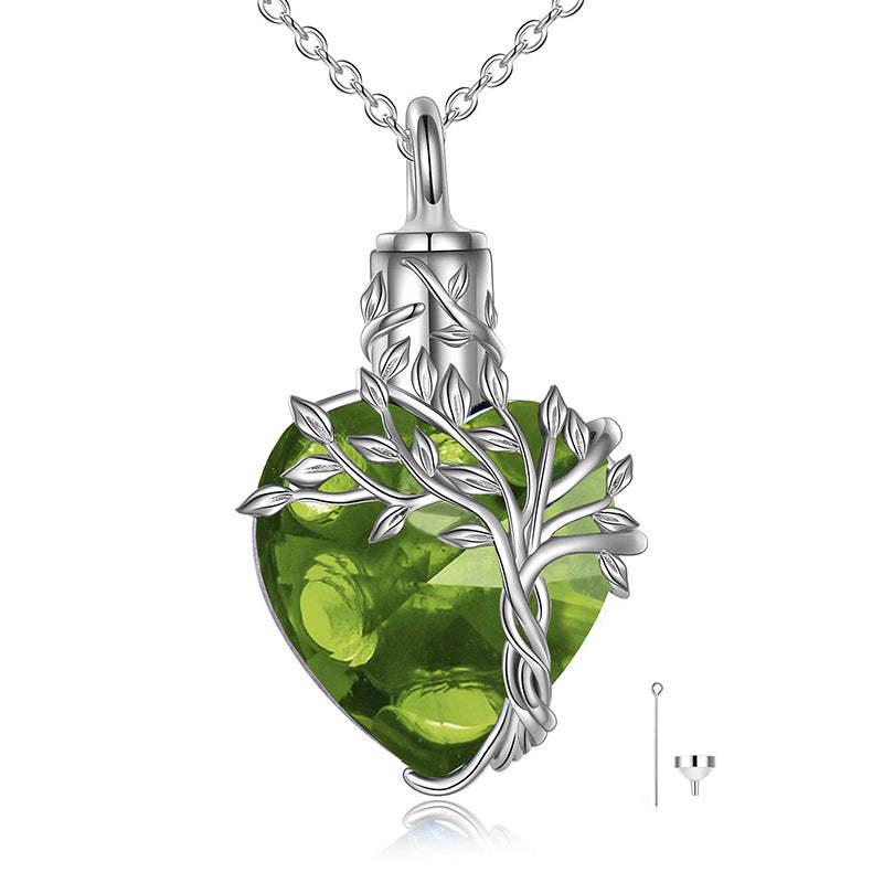 Heart Tree of Life Urn Necklace for Ashes Sterling Silver Cremation Jewelry with Crystal w/Funnel Filler-Gemeaning