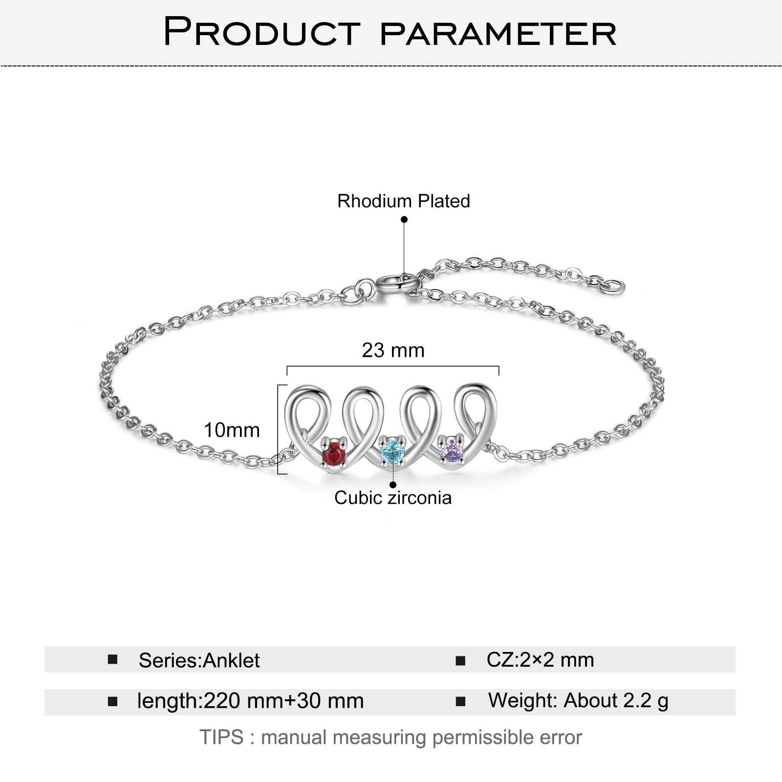 Christmas Gift Personalized Heart Anklet with 3 Birthstones Family Anklet