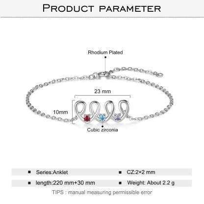 Christmas Gift Personalized Heart Anklet with 3 Birthstones Family Anklet