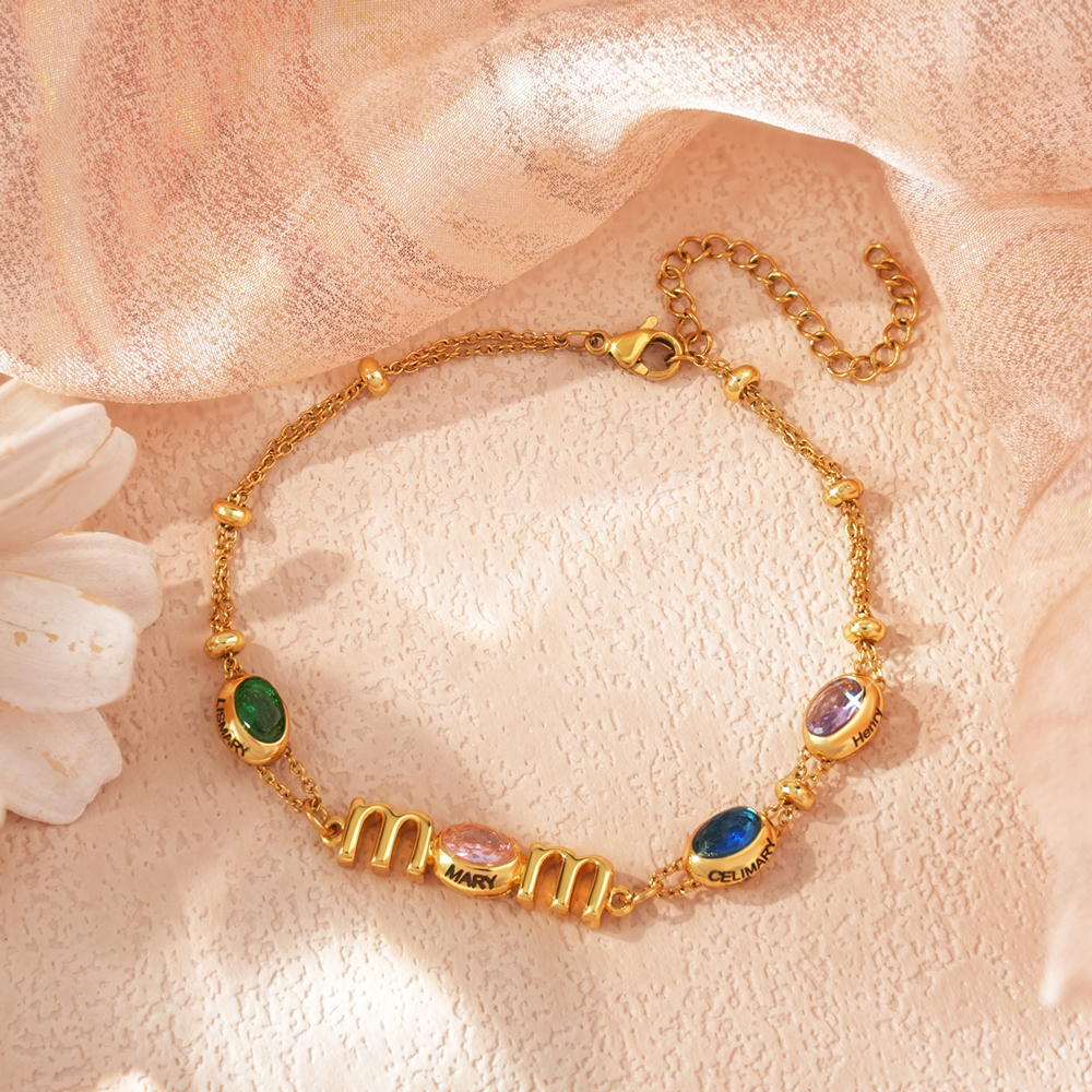 Personalized Mom Birthstone Bracelet, Custom Name Family Bracelet