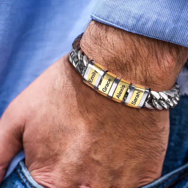 Personalized Cuban Chain Bracelet Custom 1-8 Names Beads Mens Bracelet