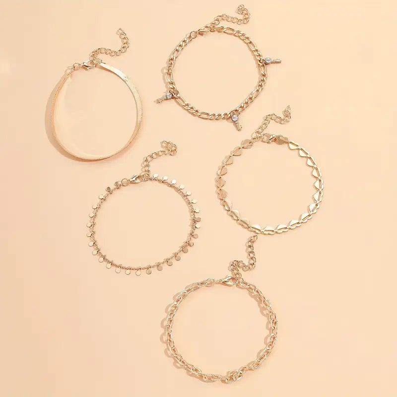 Mother's Day 5 Pcs Stackable Chain Anklet Set With Key Shape Tassel Pendant Inlaid Shiny Rhinestones-Engravingift