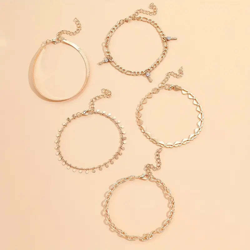 Mother's Day 5 Pcs Stackable Chain Anklet Set With Key Shape Tassel Pendant Inlaid Shiny Rhinestones-Engravingift