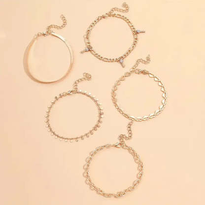 Mother's Day 5 Pcs Stackable Chain Anklet Set With Key Shape Tassel Pendant Inlaid Shiny Rhinestones-Engravingift