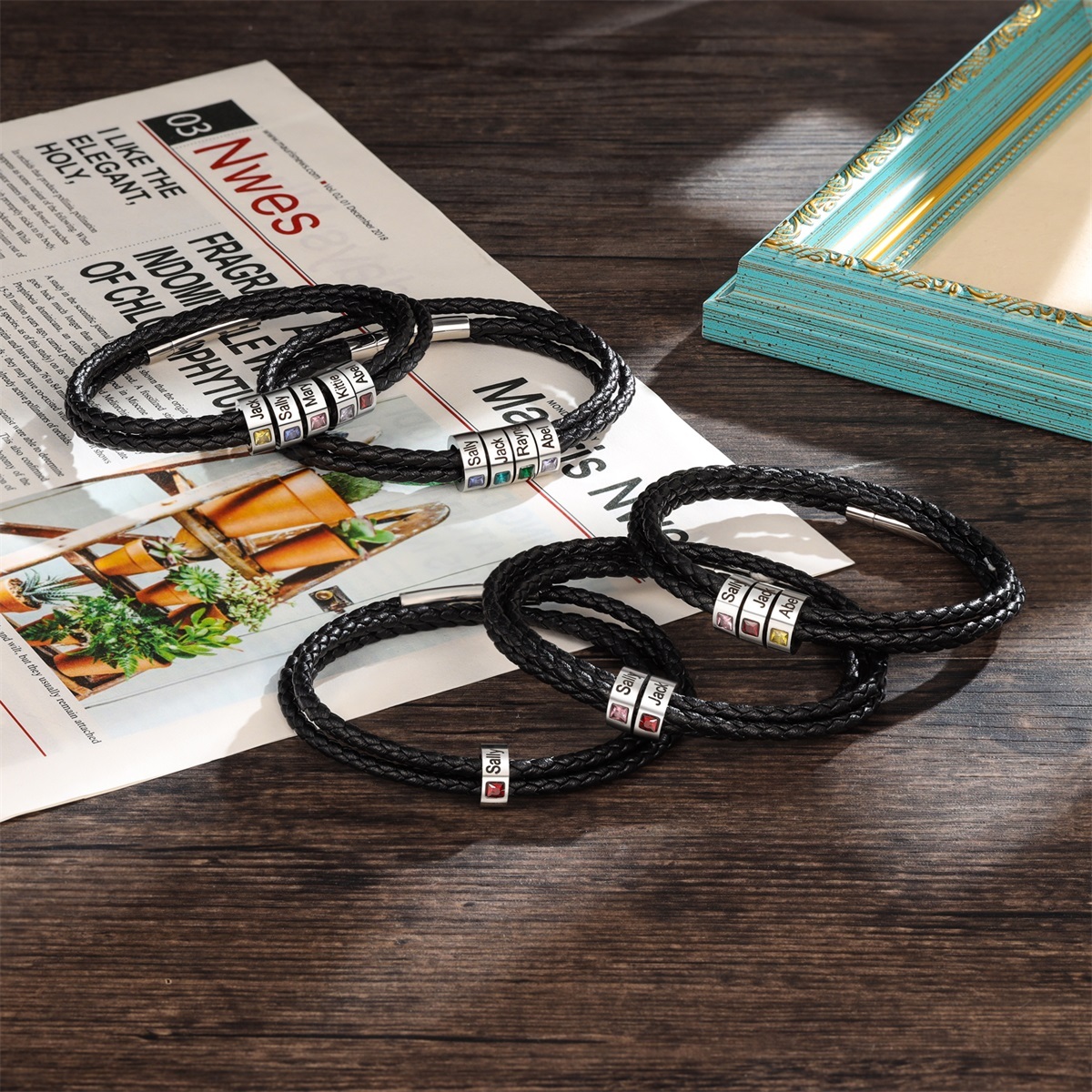 Personalized Mens Leather Bracelet 1-8 Beads with Birthstones