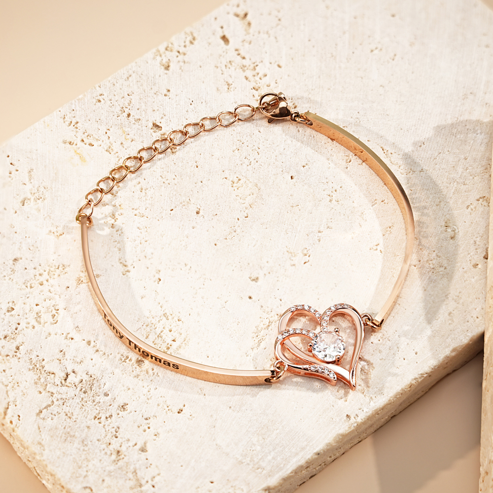 Double Heart Zircon Silver Adjustable Bracelet