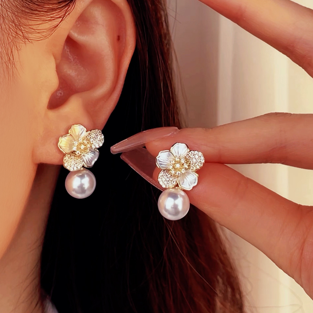 Flower Pearl Drop Earrings, CZ Encrusted Gold Earrings