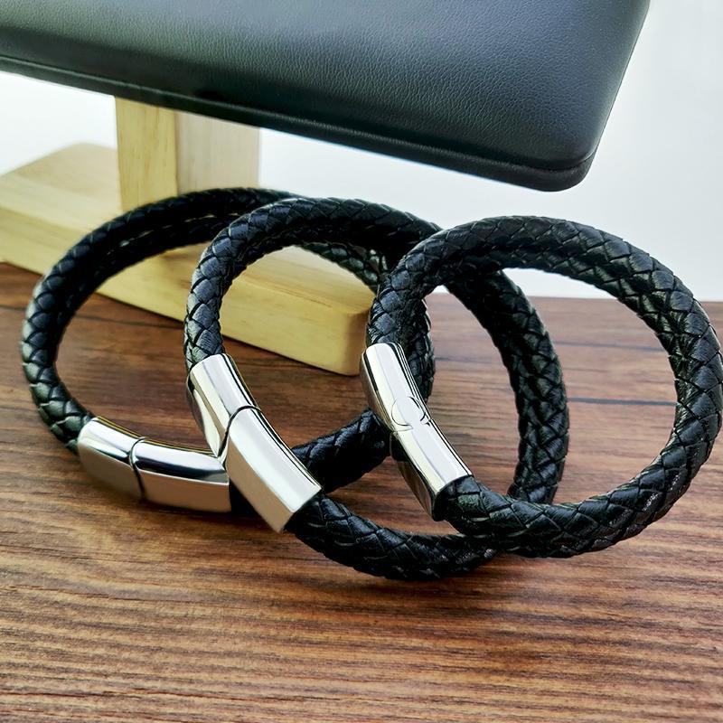 Christmas Gift Engraved Bracelet for Men with Black Leather