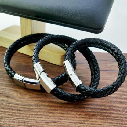Christmas Gift Engraved Bracelet for Men with Black Leather
