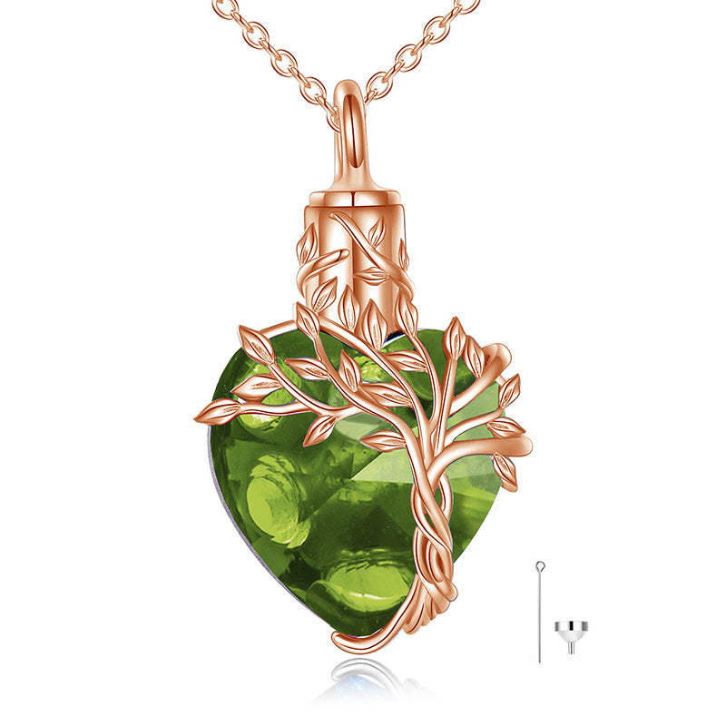 Heart Tree of Life Urn Necklace for Ashes Sterling Silver Cremation Jewelry with Crystal w/Funnel Filler-Gemeaning
