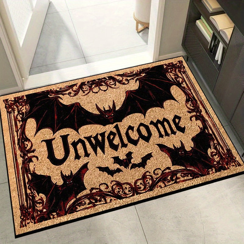 Halloween Bat Welcome Doormat – Non-Slip Heavyweight Plush Rug with Red Gothic Lettering – Indoor/Outdoor Entry Mat for Spooky Home Décor