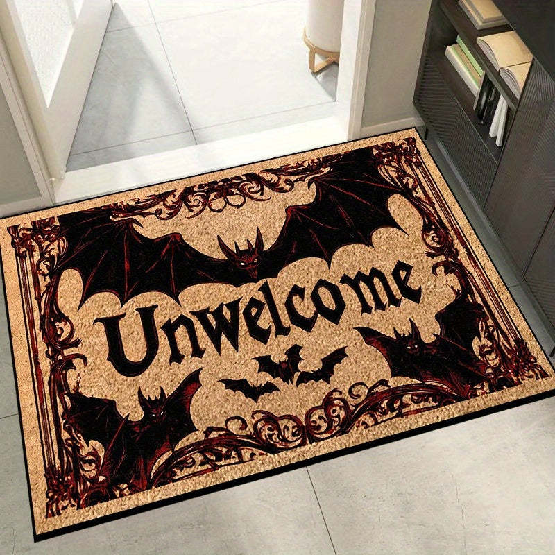 Halloween Bat Welcome Doormat – Non-Slip Heavyweight Plush Rug with Red Gothic Lettering – Indoor/Outdoor Entry Mat for Spooky Home Décor