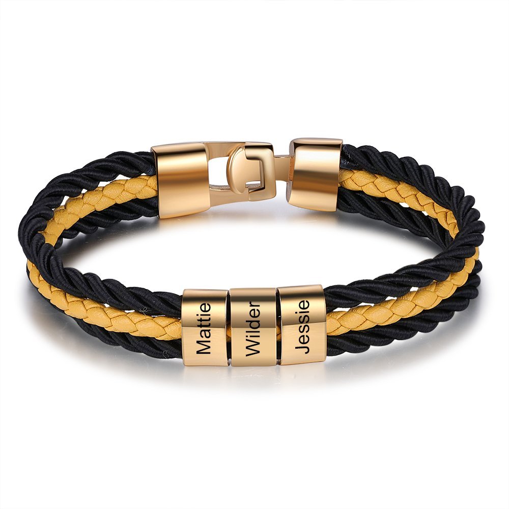 Father's Day Gift Mens Leather Bracelet Braided Layered Leather with Bead, mens custom necklace braided leather bracelet with names-Engravingift