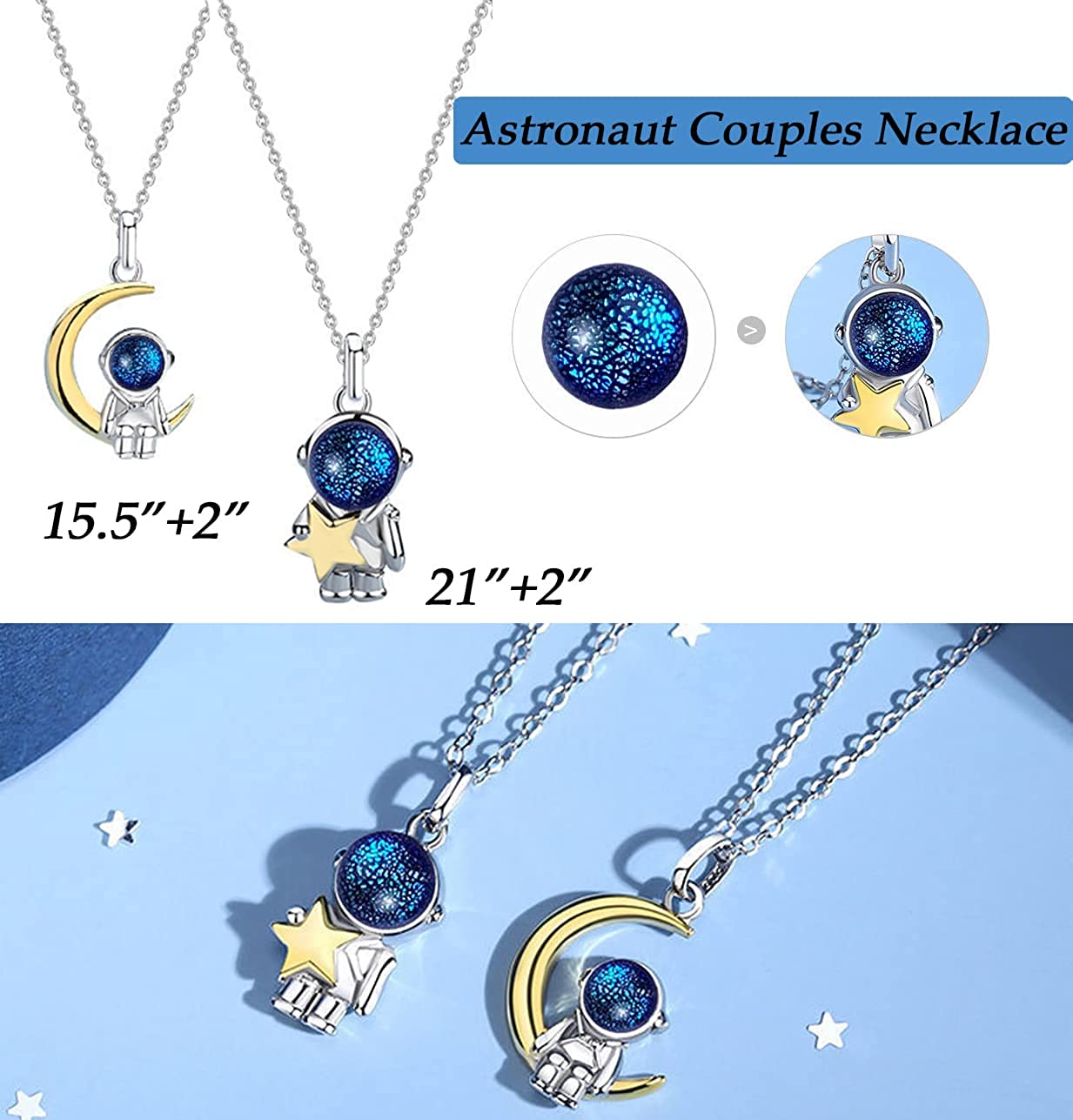 Mother's Day Gift  His and Hers Moon Star Astronaut Pendant Necklace-Engravingift