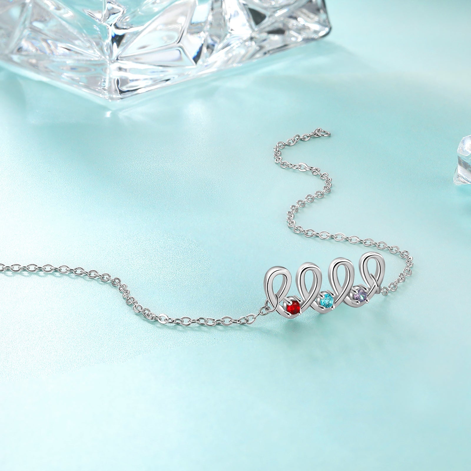 Christmas Gift Personalized Heart Anklet with 3 Birthstones Family Anklet