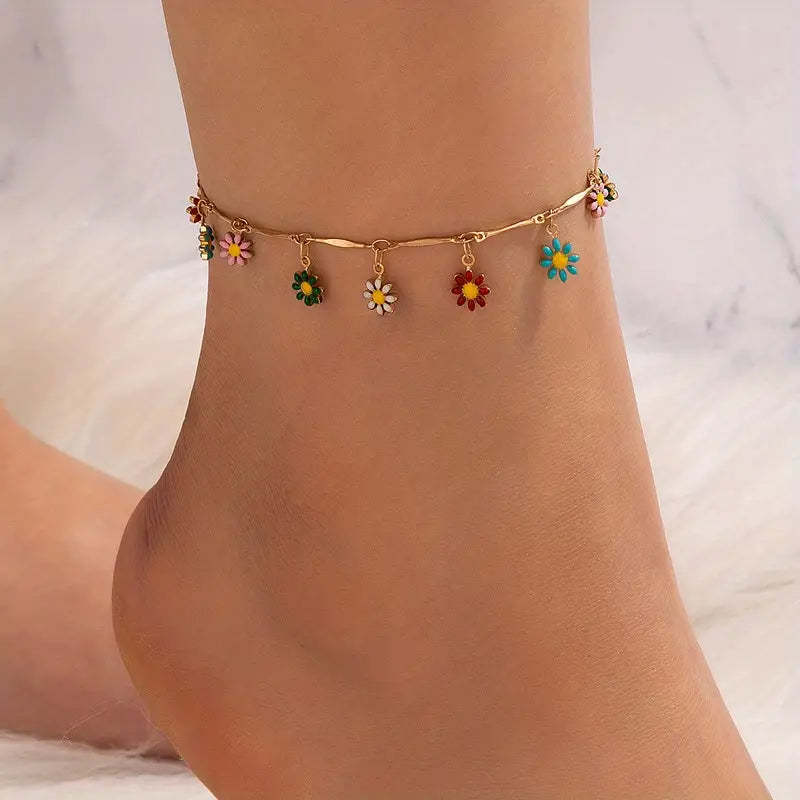 Mother's Day Colorful Oil Flower Tassel Pendant Single-layer Anklet Boho Style Ankle Bracelet-Engravingift
