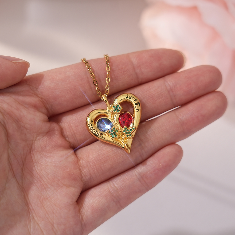Personalized Love Necklace Custom 2 Birthstones & Names for Women