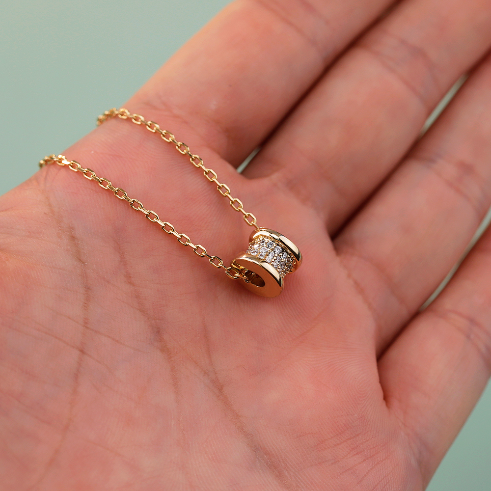Gold CZ Barrel Pendant Necklace, Dainty Cylinder Necklace