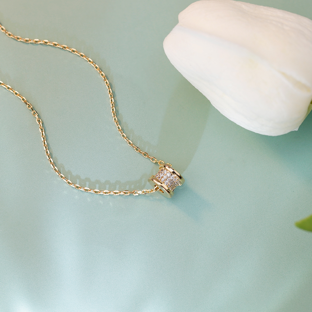 Gold CZ Barrel Pendant Necklace, Dainty Cylinder Necklace