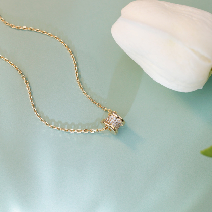 Gold CZ Barrel Pendant Necklace, Dainty Cylinder Necklace