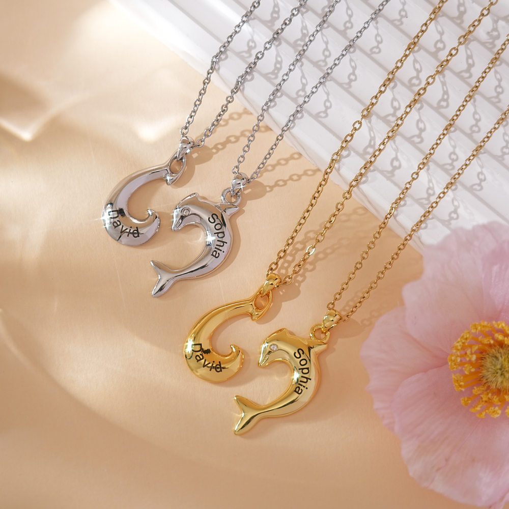 Personalized Dolphin Couple Necklace, Custom 2 Names Jewelry