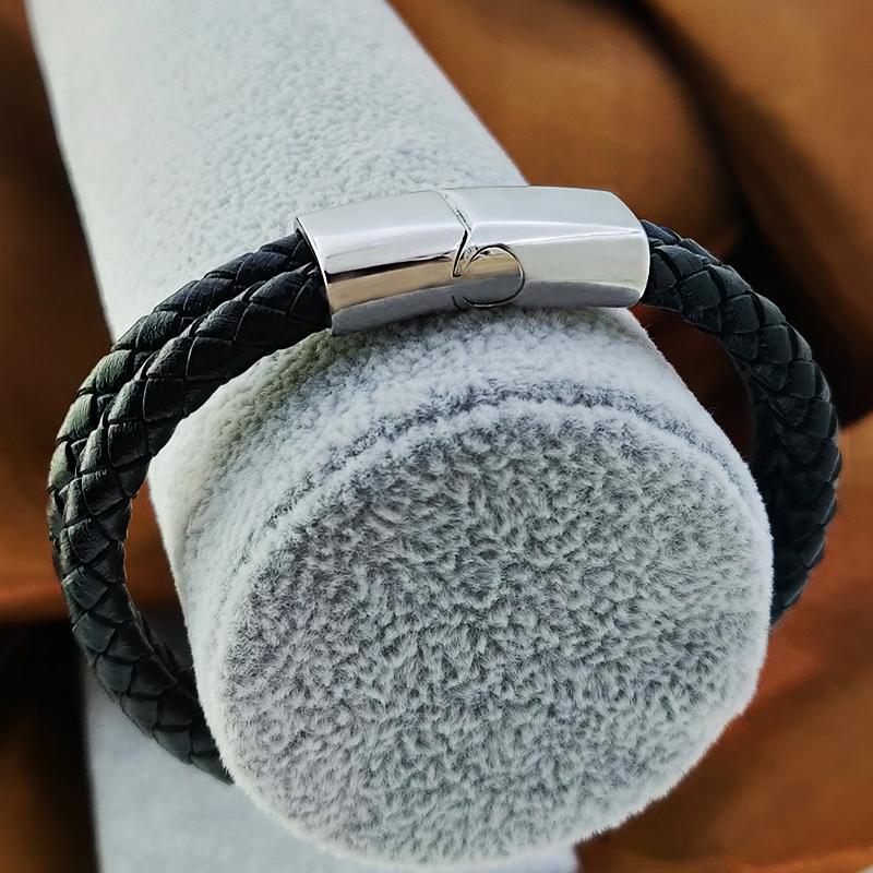 Christmas Gift Engraved Bracelet for Men with Black Leather