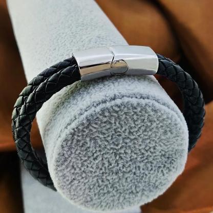 Christmas Gift Engraved Bracelet for Men with Black Leather