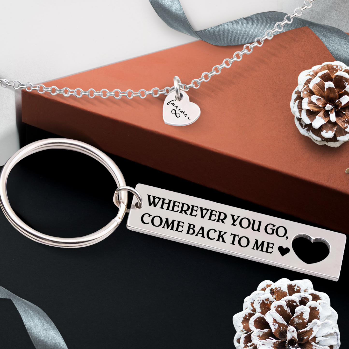 Mother's Day Gift To My Man Heart Necklace and Keychain Gift Set "Wherever You Go, Come Back to Me"-Engravingift
