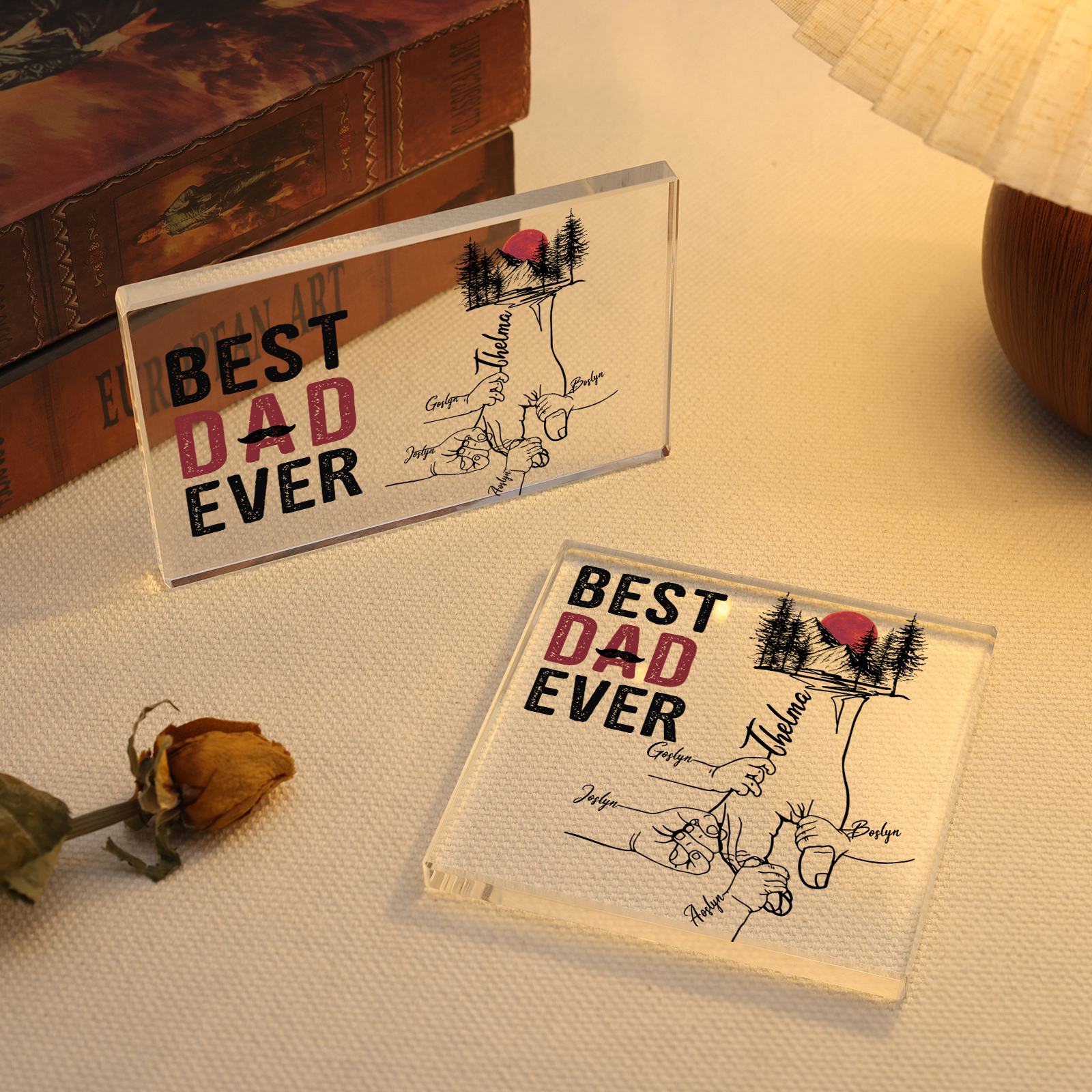 Best Dad Ever Personalized Kids Names Acrylic Square Keepsake Holding Hands Family Gifts for Dad/Husband
