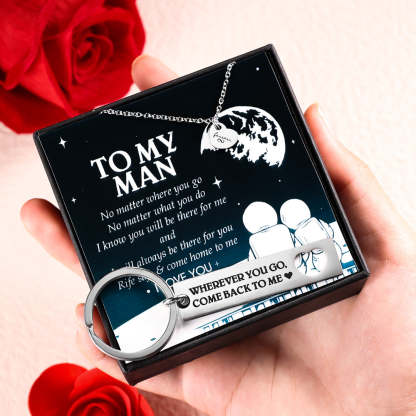 Mother's Day Gift To My Man Heart Necklace and Keychain Gift Set "Wherever You Go, Come Back to Me"-Engravingift