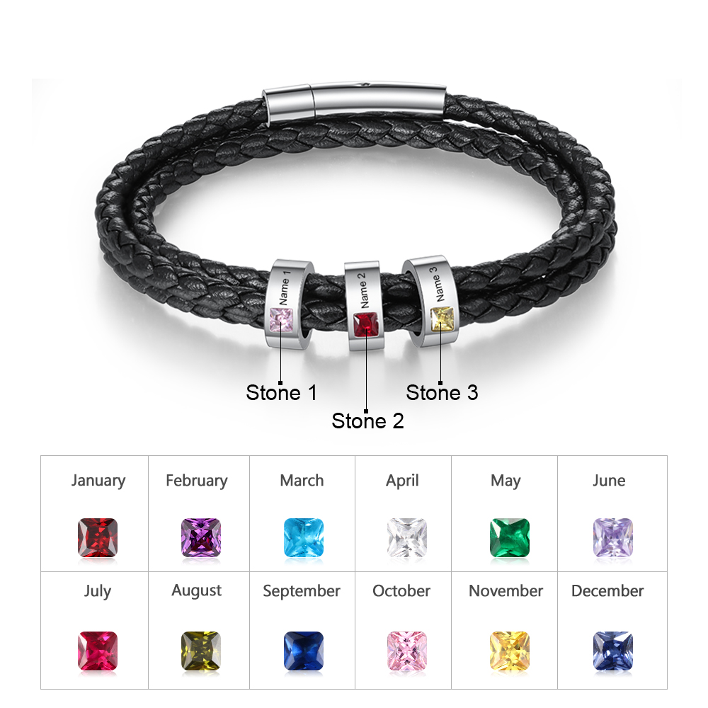 Personalized Mens Leather Bracelet 1-8 Beads with Birthstones