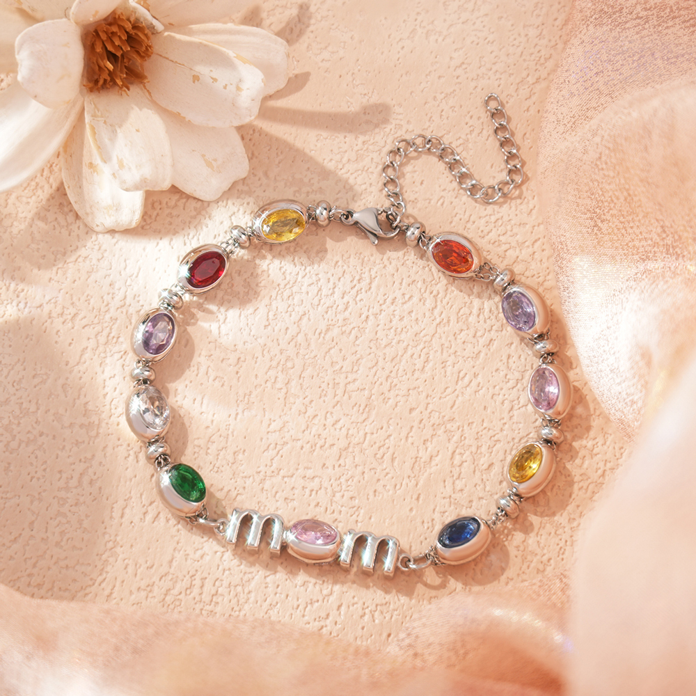 Personalized Mom Birthstone Bracelet, Custom Name Family Bracelet