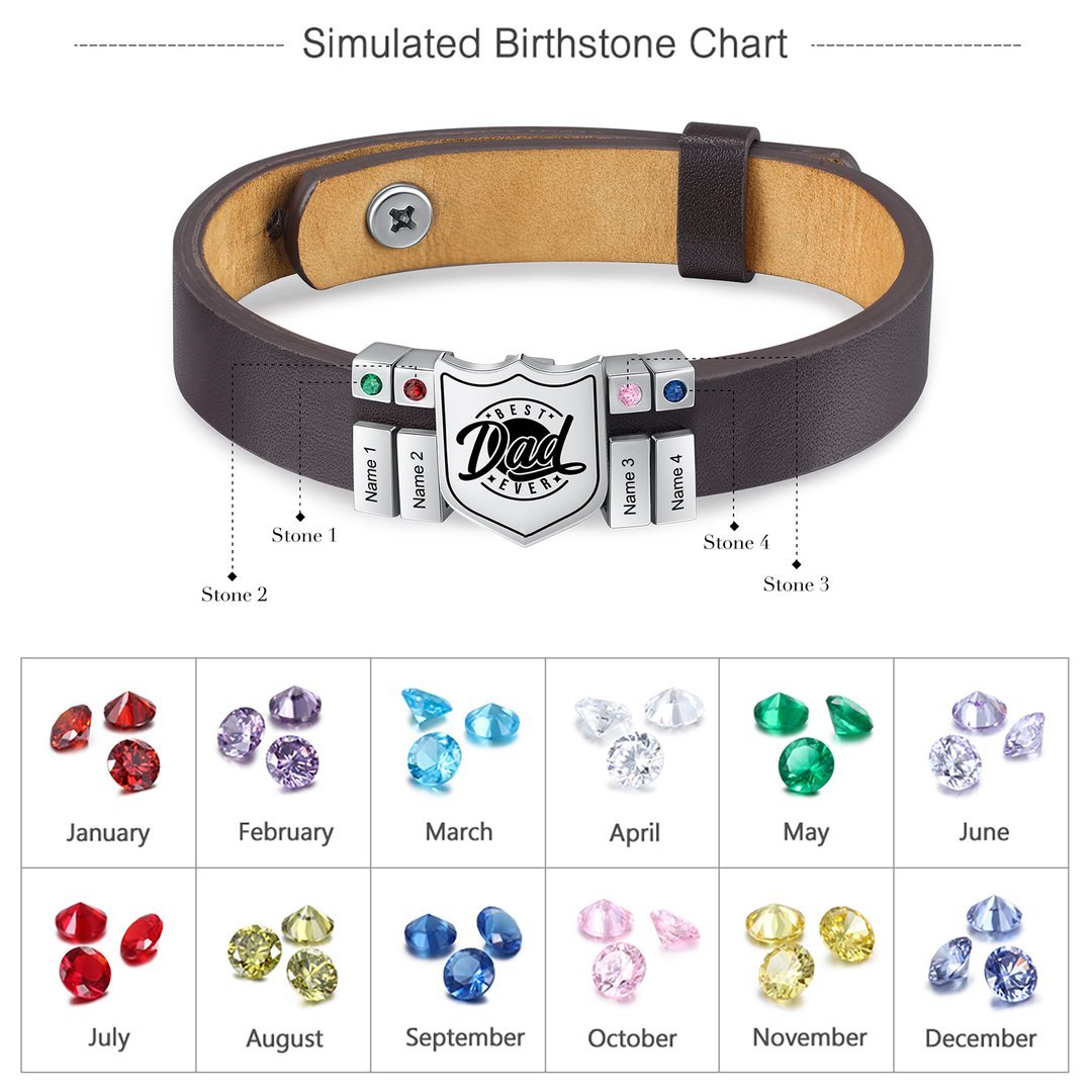 Christmas Gift Men Leather Bracelet Personalized Birthstone and Name Gift
