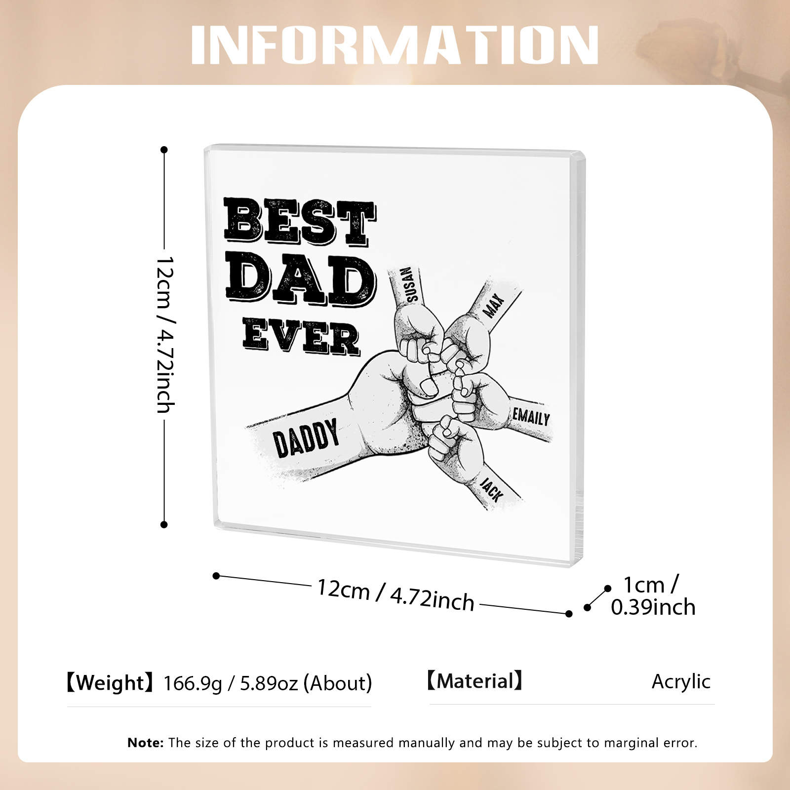 Personalized Acrylic Square Keepsake Fist Bump Rectangle Plaque Father's Day Gifts  - Best Dad Ever