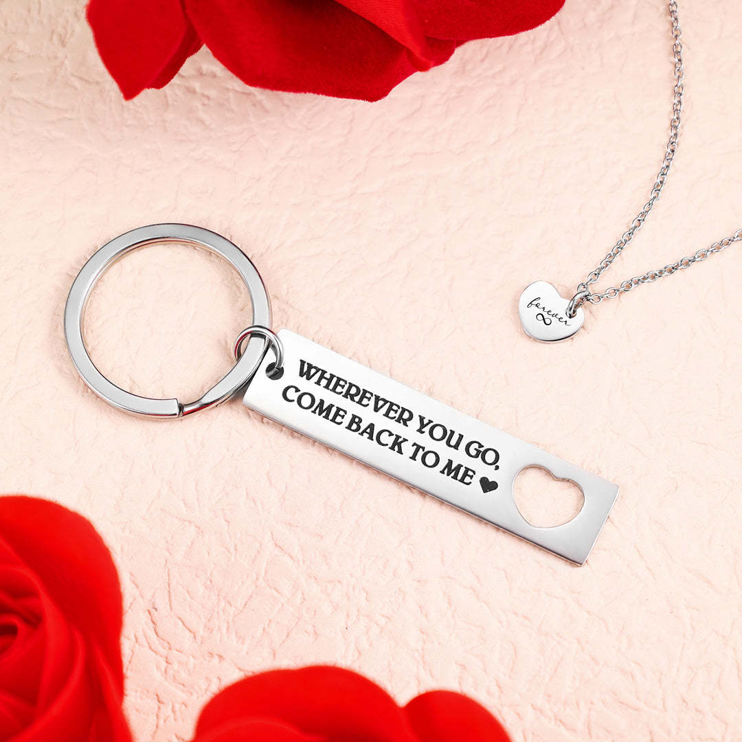Mother's Day Gift To My Man Heart Necklace and Keychain Gift Set "Wherever You Go, Come Back to Me"-Engravingift