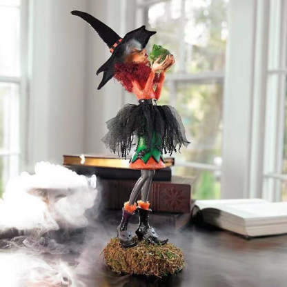 Handmade Halloween Witch Figurine with Pumpkin Skirt and Broom Decor