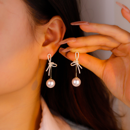 Flower Pearl Drop Earrings, CZ Encrusted Gold Earrings