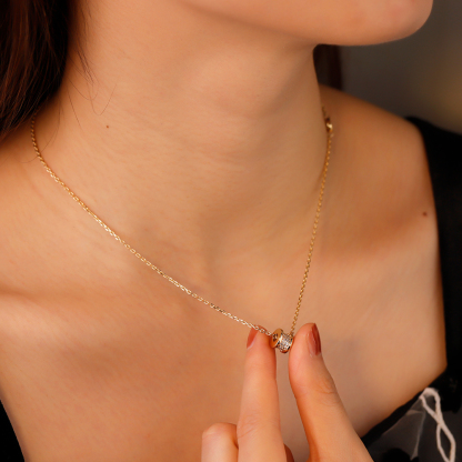 Gold CZ Barrel Pendant Necklace, Dainty Cylinder Necklace