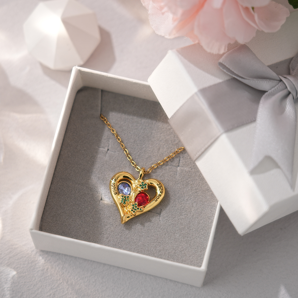 Personalized Love Necklace Custom 2 Birthstones & Names for Women