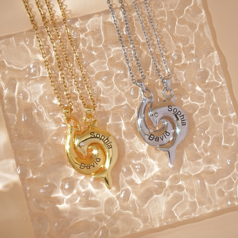 Personalized Dolphin Couple Necklace, Custom 2 Names Jewelry