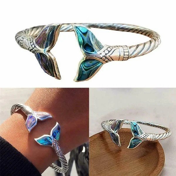 Mother's Day Gift Last Day Promotion 49% OFF Abalone Shell and Silver Mermaid Tail SS Bangle Bracelet-Engravingift
