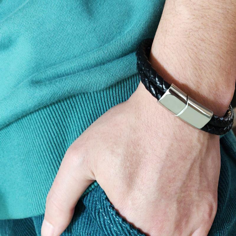 Christmas Gift Engraved Bracelet for Men with Black Leather