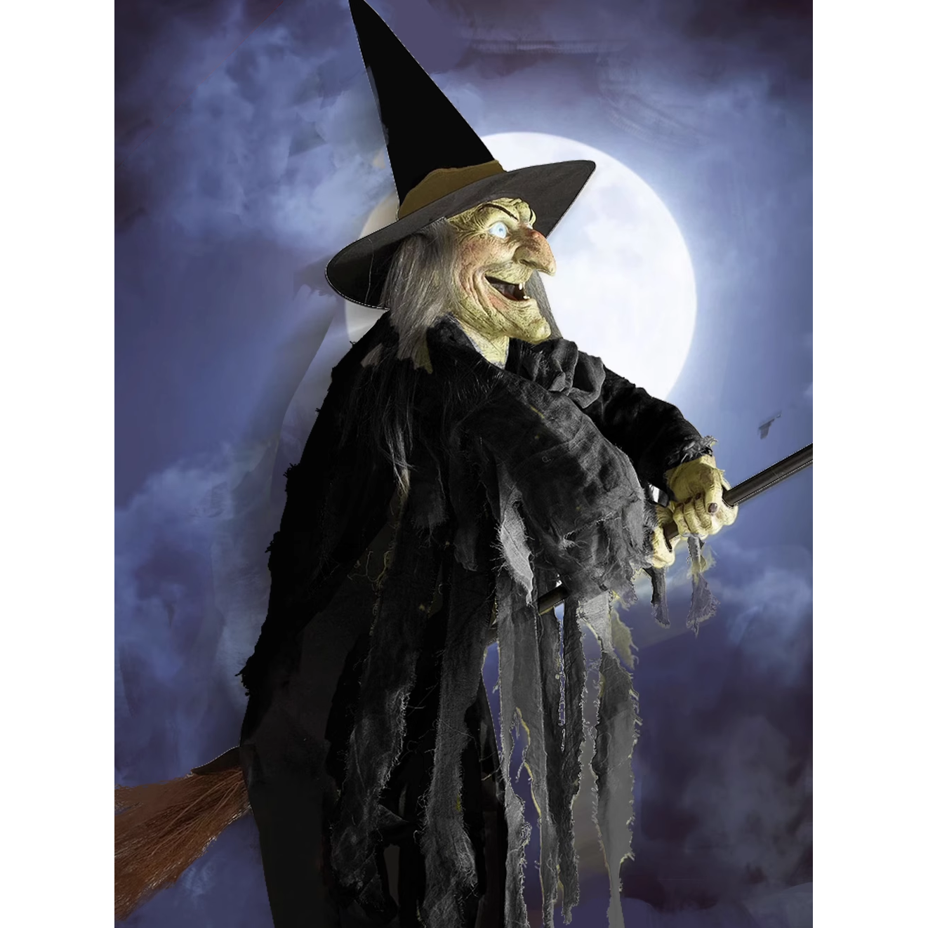 Life-Size Flying Witch Halloween Animatronic with Glowing Eyes and Sounds