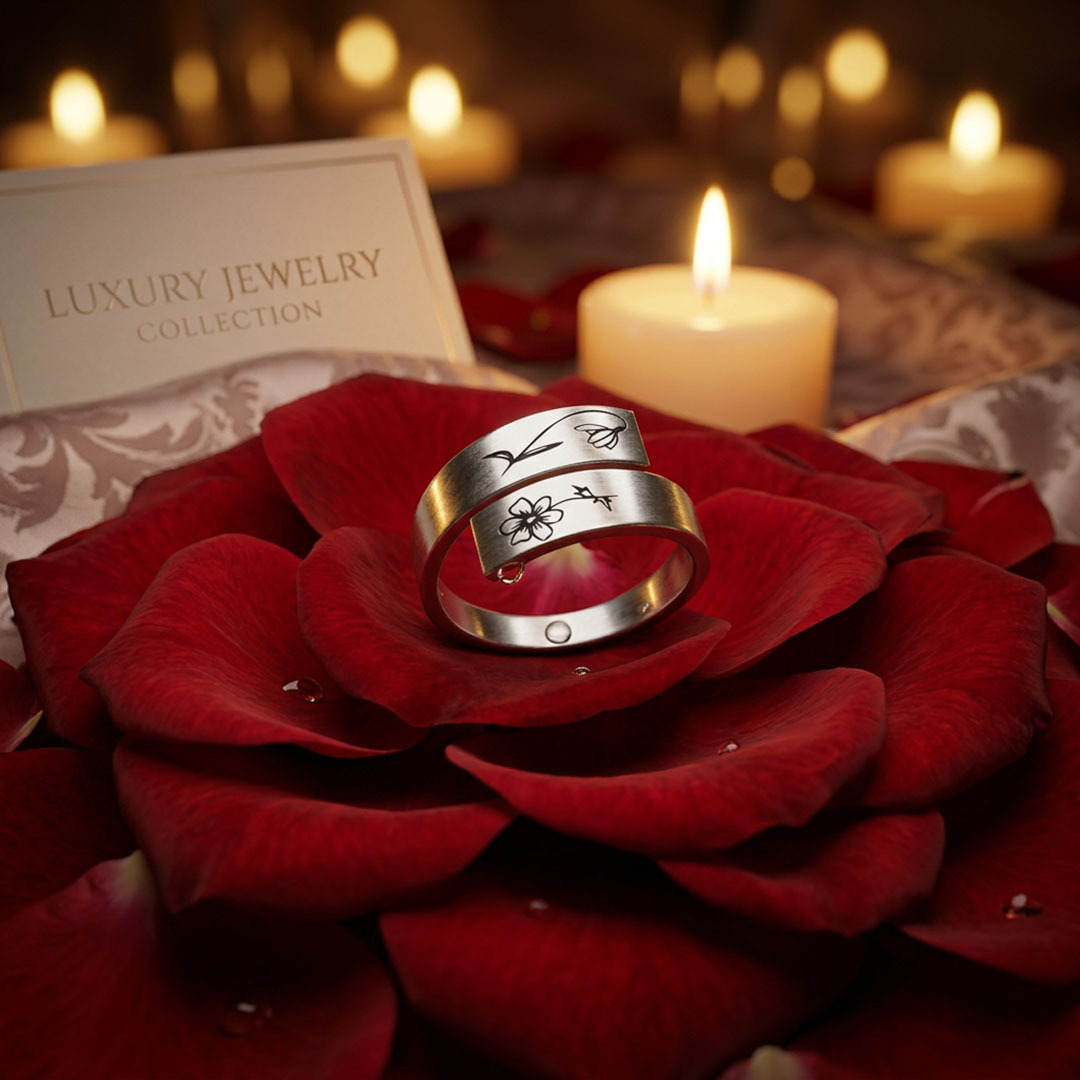 Personalized Birth Flower Adjustable Stackable Ring for Women