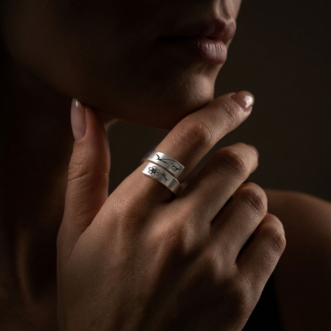 Personalized Birth Flower Adjustable Stackable Ring for Women