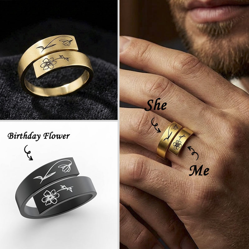 Personalized Birth Flower Adjustable Stackable Ring for Women
