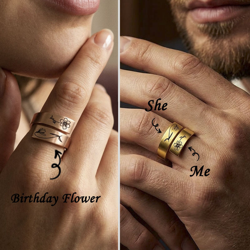 Personalized Birth Flower Adjustable Stackable Ring for Women