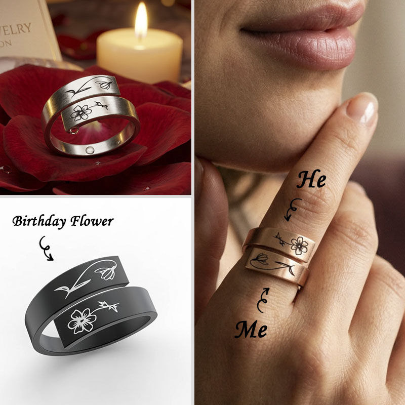 Personalized Birth Flower Adjustable Stackable Ring for Women
