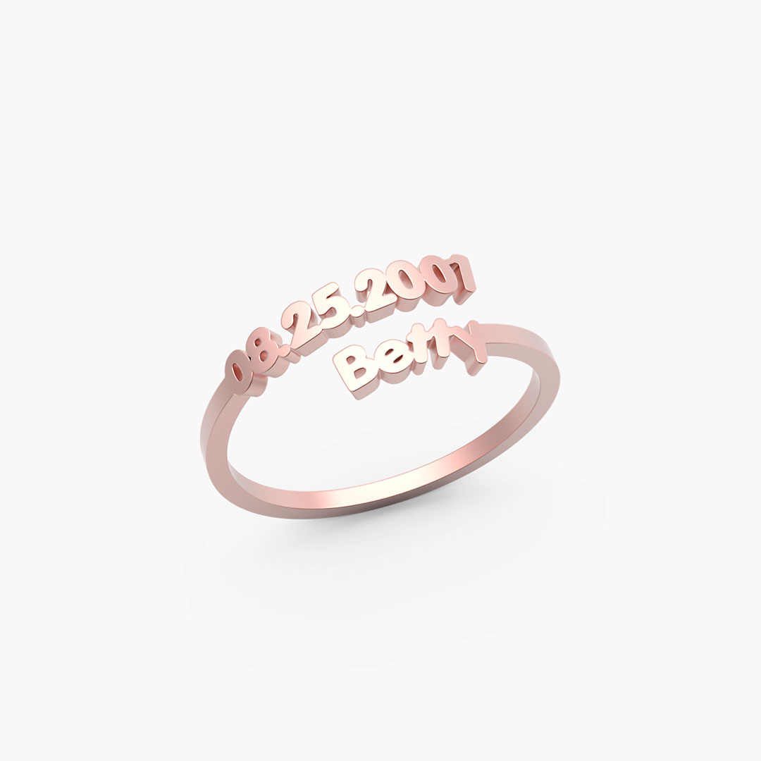 Dainty Adjustable Open Custom Name Date Ring, Minimalist Gold Stackable Keepsake Ring for Her